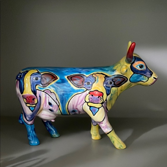 cowery Other - Blue and Yellow Abstract Cow Sculpture Art